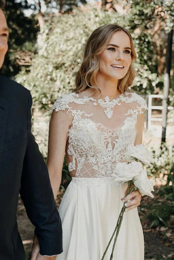 A-Line Cap Sleeve Long Backless Wedding Dresses with Appliques