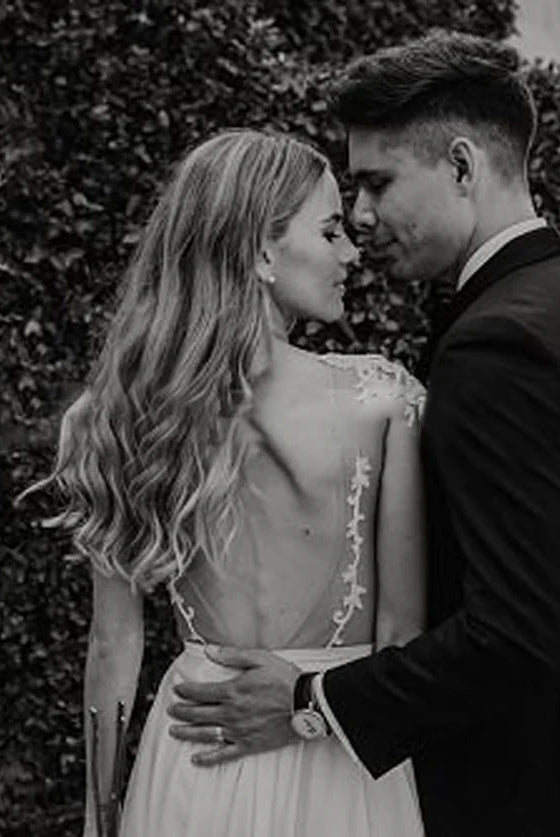 A-Line Cap Sleeve Long Backless Wedding Dresses with Appliques