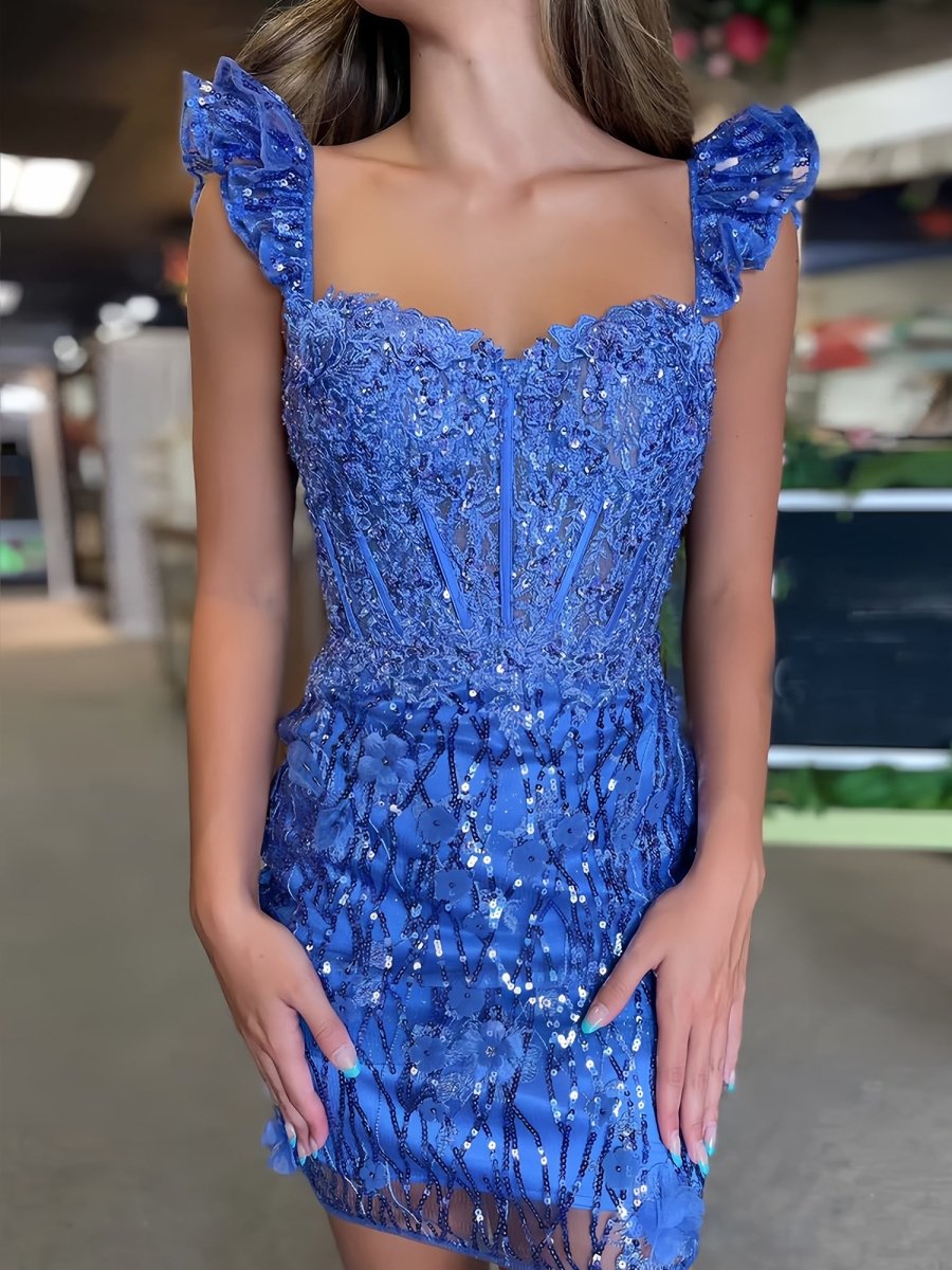 Claudette | Periwinkle- Bodycon Off The Shoulder Sequins Short Homecoming Dresses