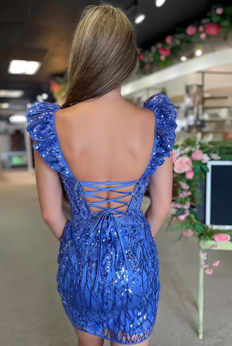 Claudette | Periwinkle- Bodycon Off The Shoulder Sequins Short Homecoming Dresses