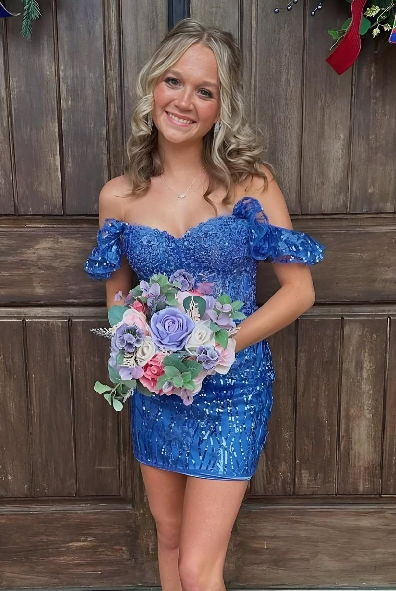 Claudette | Royal Blue - Bodycon Off The Shoulder Sequins Short Homecoming Dresses