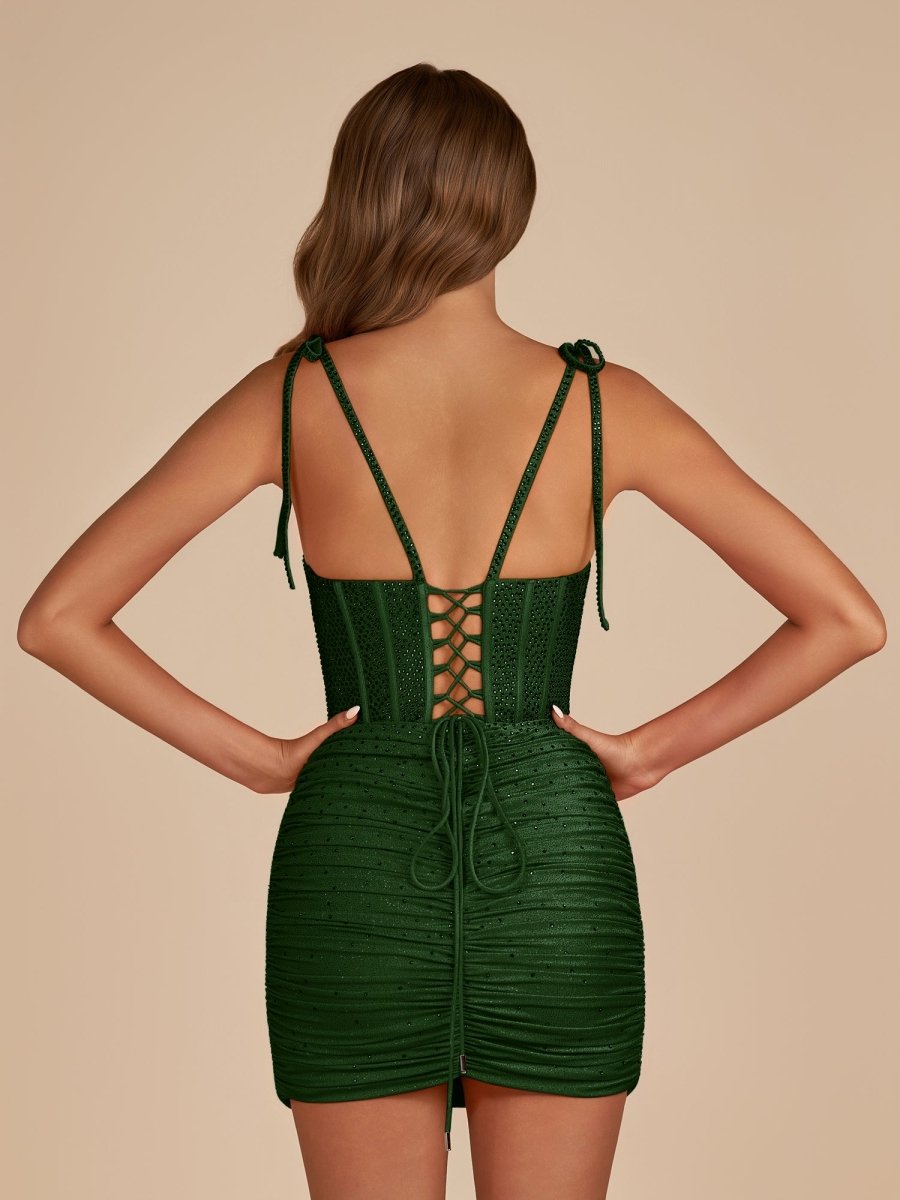 Claya | Dark Green - Bodycon Scoop Neck Beaded Satin Corset Homecoming Dresses with Bow Straps - KissProm