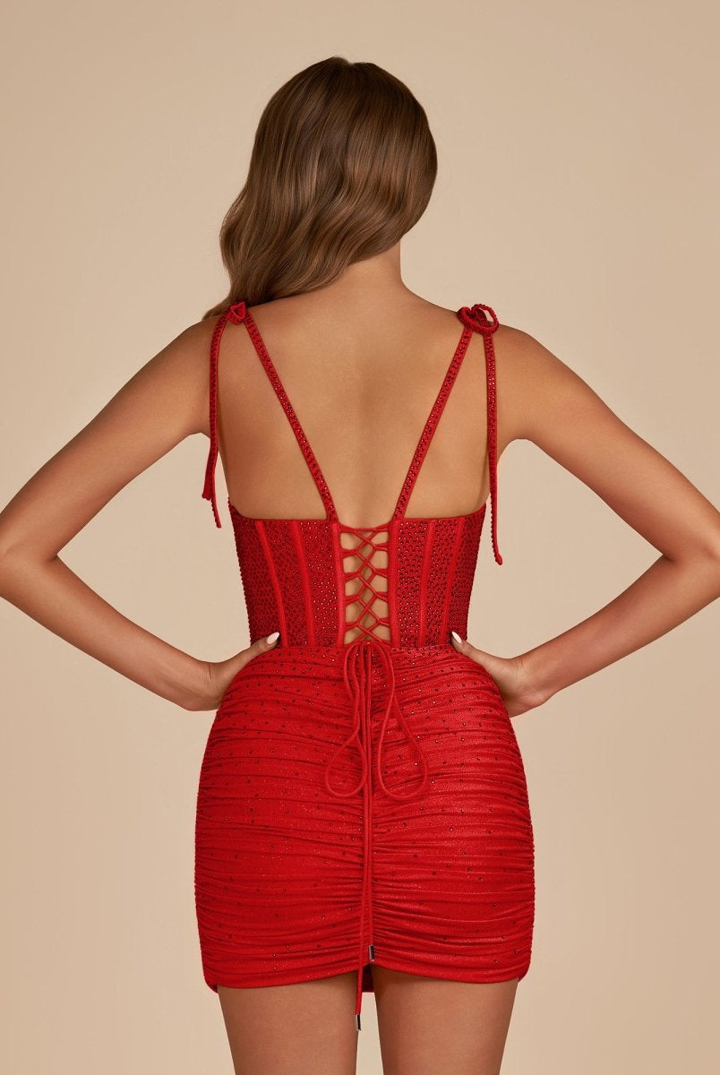Claya | Red - Bodycon Scoop Neck Beaded Satin Corset Homecoming Dresses with Bow Straps - KissProm