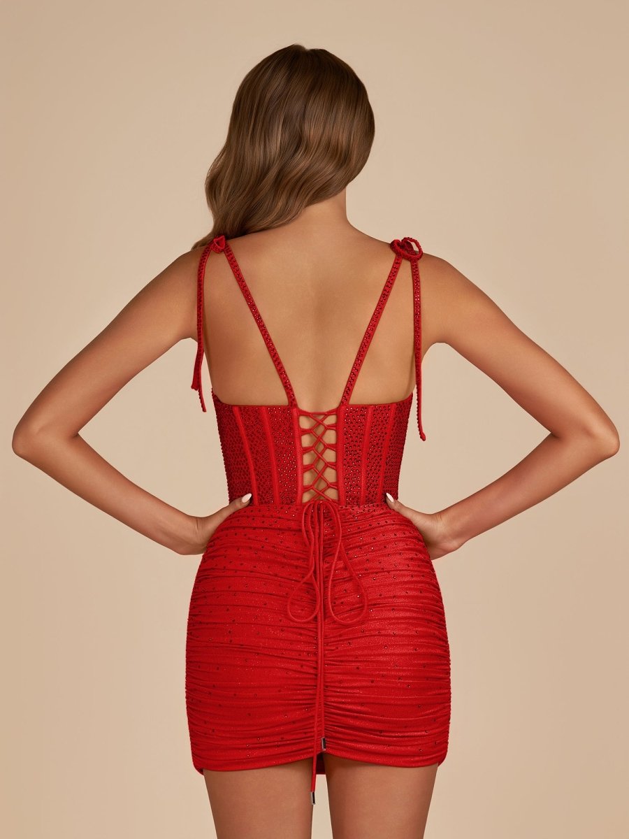 Claya | Red - Bodycon Scoop Neck Beaded Satin Corset Homecoming Dresses with Bow Straps - KissProm