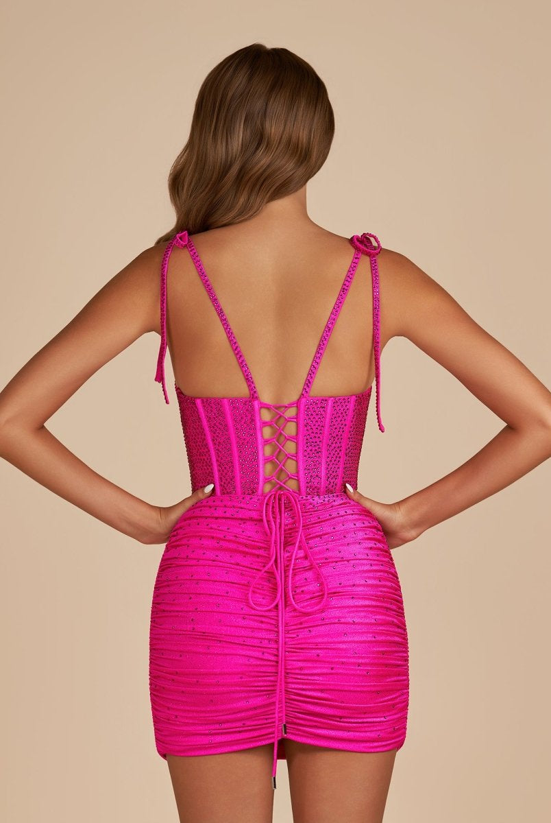 Claya | Fuchsia - Bodycon Scoop Neck Beaded Satin Corset Homecoming Dresses with Bow Straps