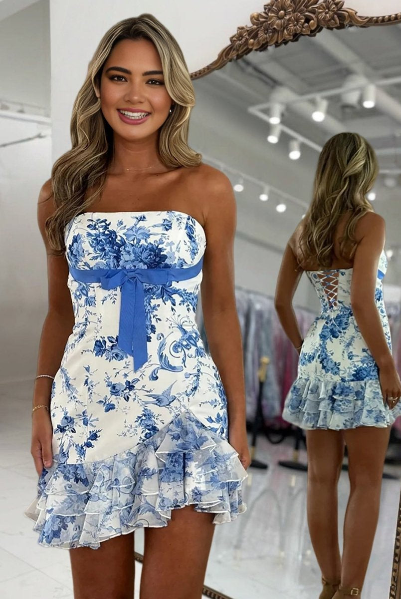 Clea | Blue - Sheath Floral Satin Strapless Ruffles Homecoming Dresses with Bow