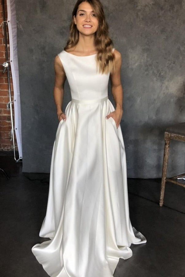 Medison | Pure White Satin Sleeveless Bridal Dresses with Pockets
