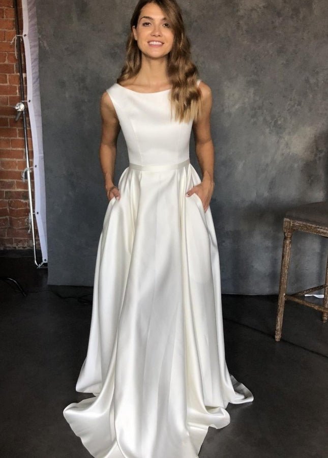 Medison | Pure White Satin Sleeveless Bridal Dresses with Pockets