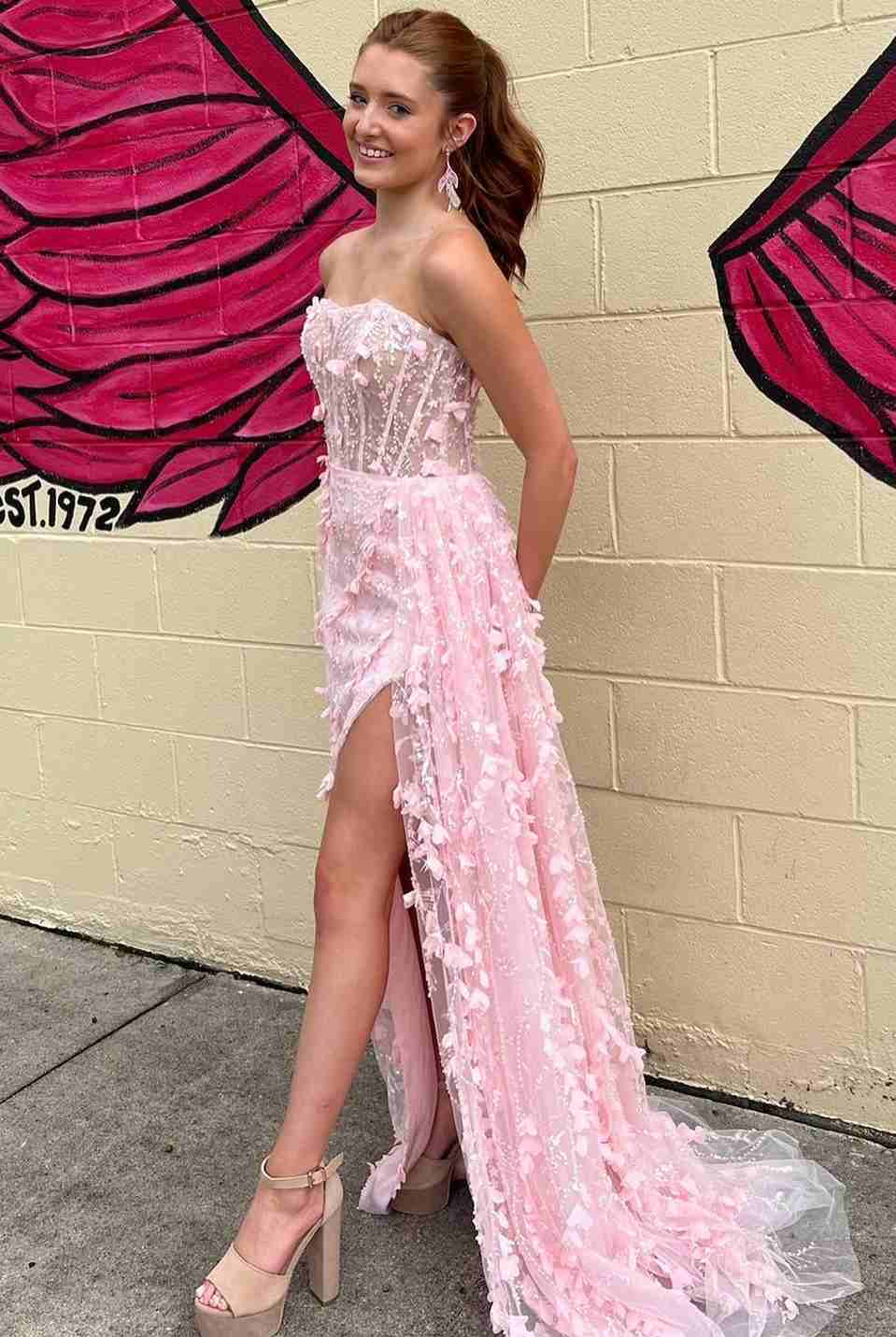 Clio | Pink Strapless 3D Floral High Slit Mermaid Long Prom Dress