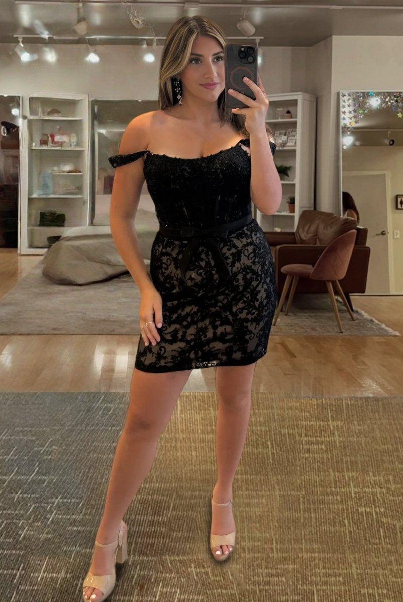 Clove | Black - Bodycon Off the Shoulder Beaded Appliques Homecoming Dresses with Bow