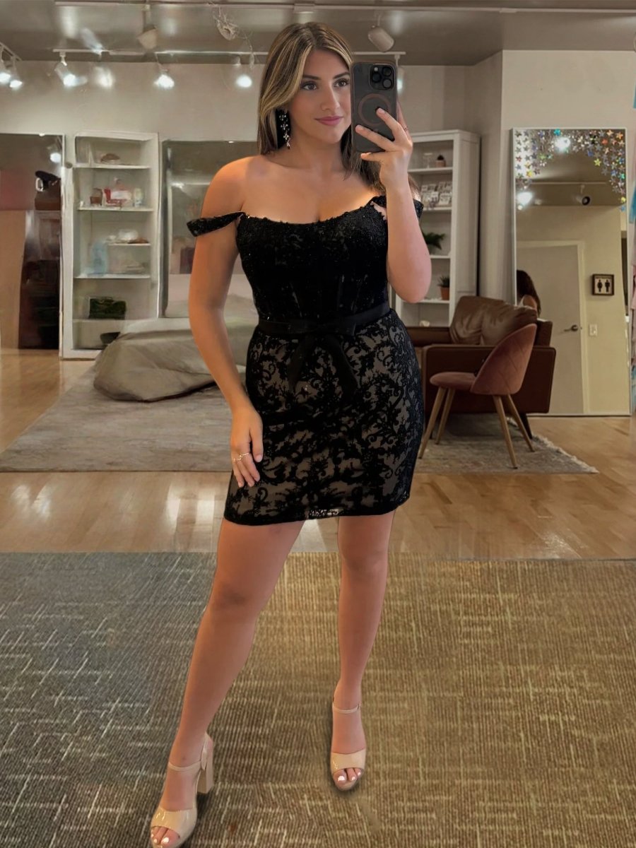 Clove | Black - Bodycon Off the Shoulder Beaded Appliques Homecoming Dresses with Bow