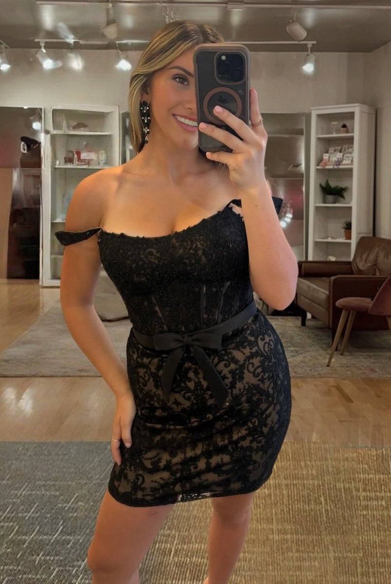 Clove | Black - Bodycon Off the Shoulder Beaded Appliques Homecoming Dresses with Bow