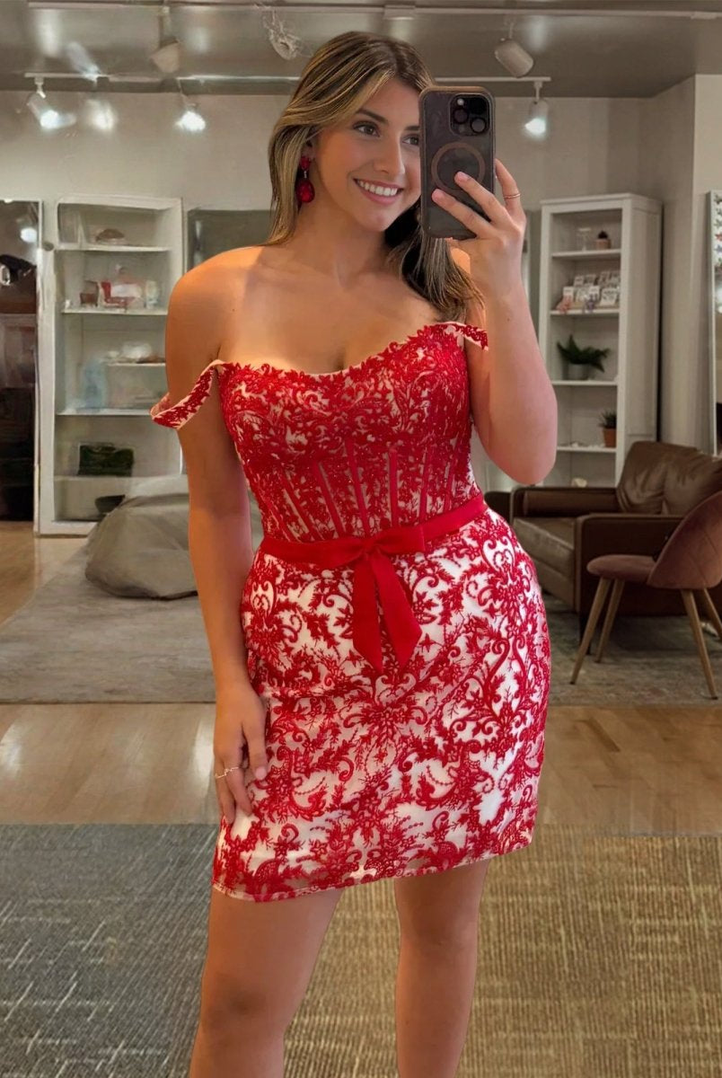 Clove | Red - Bodycon Off the Shoulder Beaded Appliques Homecoming Dresses with Bow