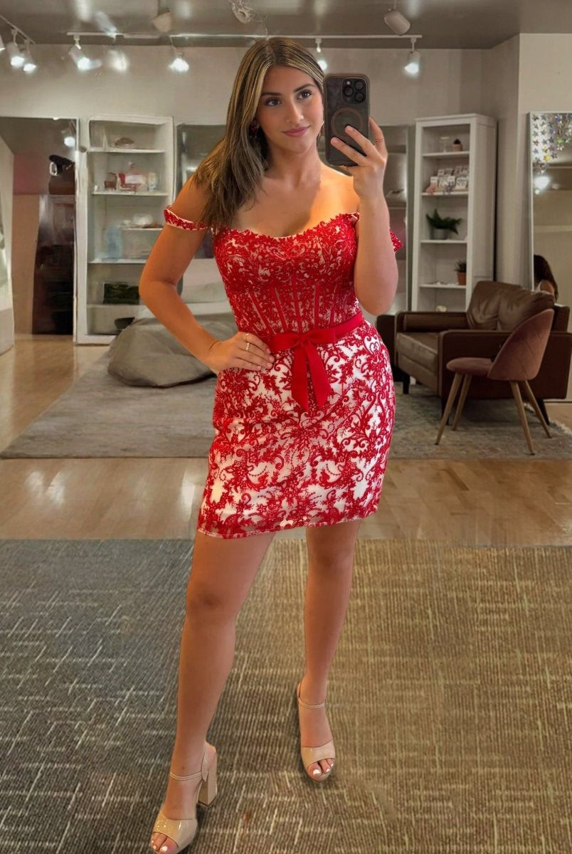 Clove | Red - Bodycon Off the Shoulder Beaded Appliques Homecoming Dresses with Bow