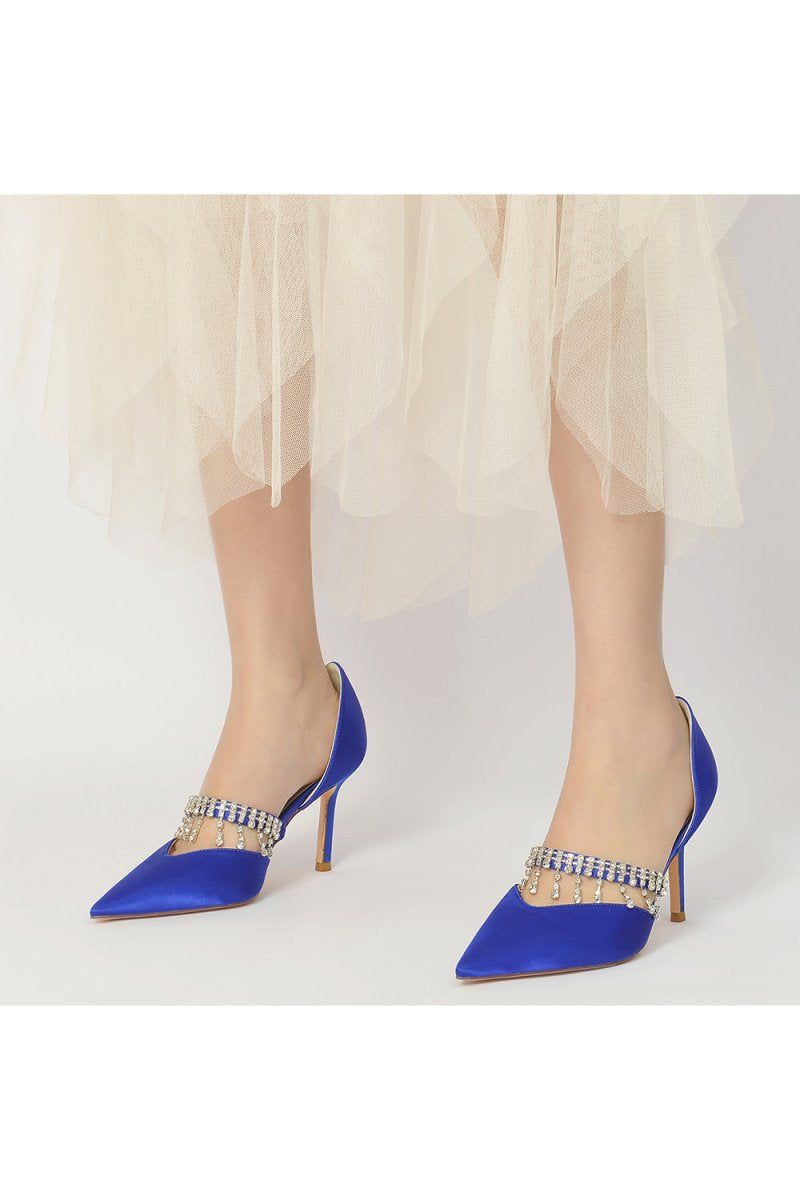 Cocktail Pointed Toe Crystal Tassel Buckle Strap Heels - KissProm