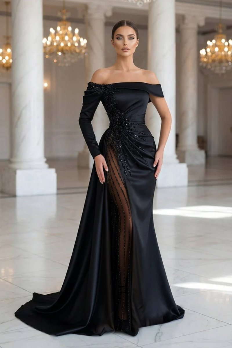 Sheath Off-The-Shoulder Long Sleeves Satin/Sequined Prom Dresses Black / 4 Sheath Off-The-Shoulder Long Sleeves Satin/Sequined Prom Dresses Black / 4