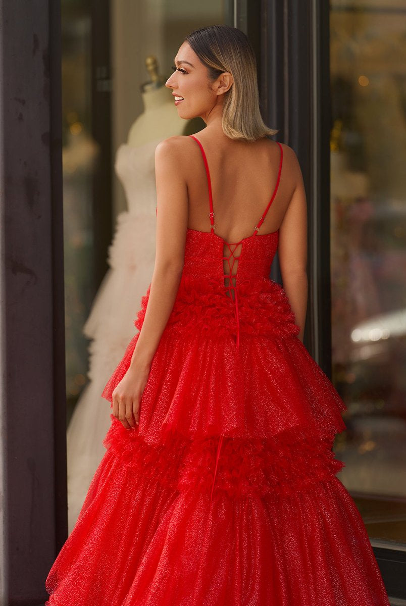 Amanda| A-Line Spaghetti Straps Long Tiered Tulle Prom Dress With Split