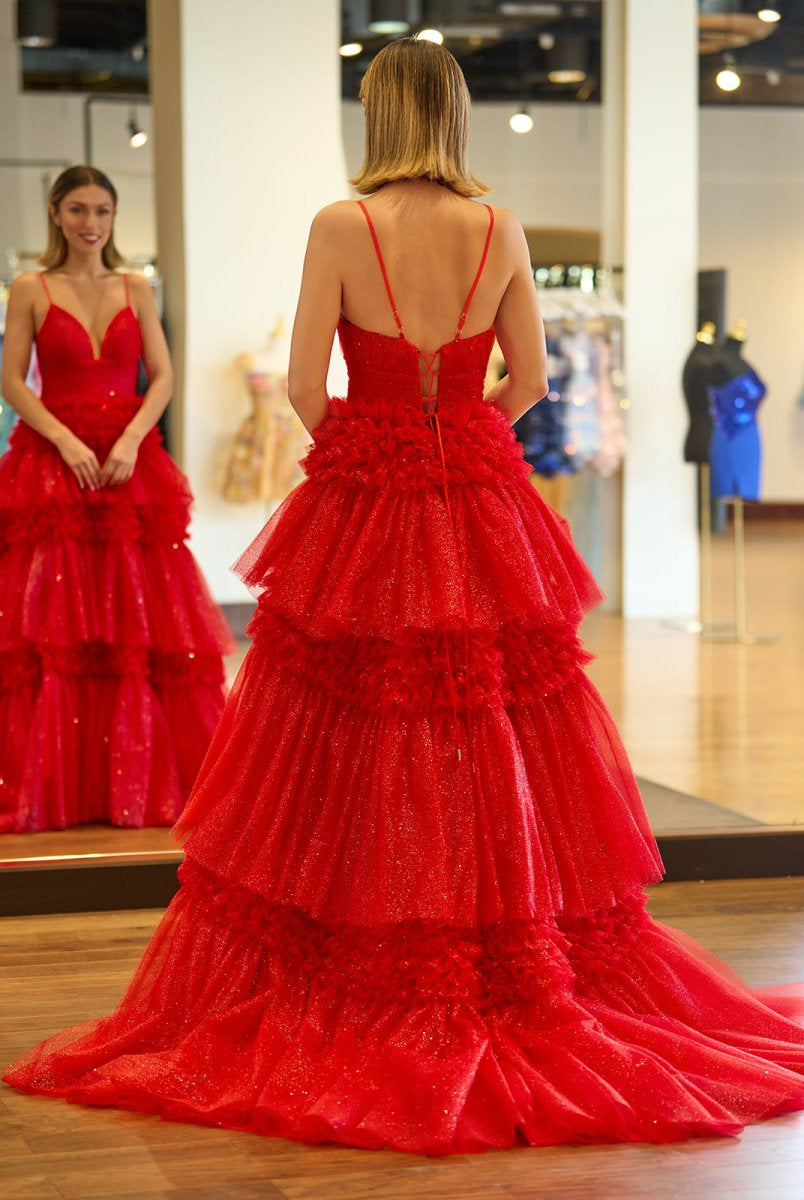 Amanda| A-Line Spaghetti Straps Long Tiered Tulle Prom Dress With Split