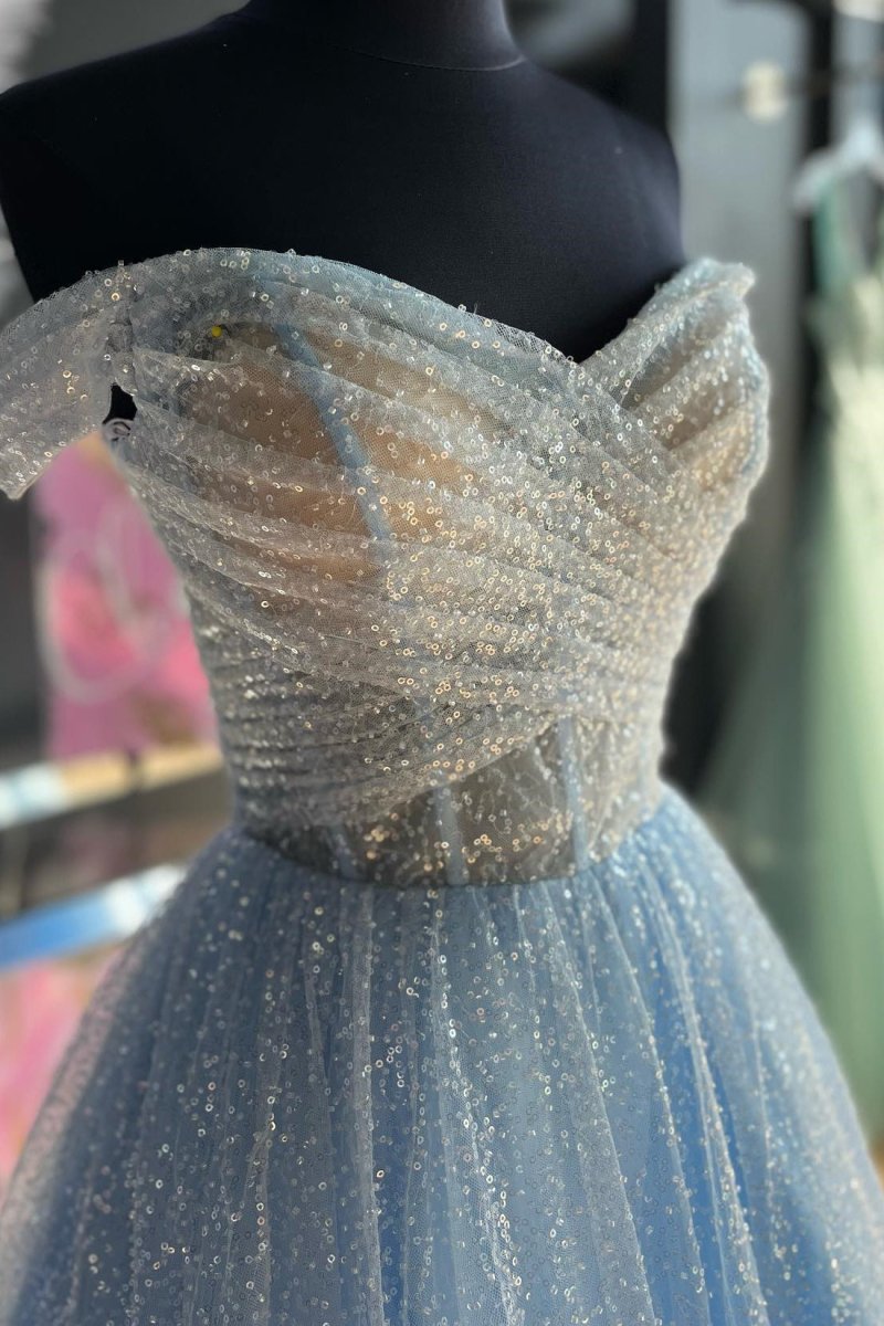 Jayla | Sparkly Blush Pink Off - the - Shoulder Surplice Long Prom Dress - KissProm