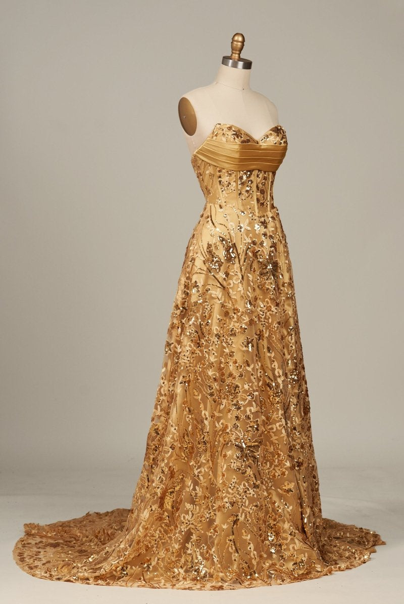 Coralyth | Gold - Strapless A Line Sequined Lace Formal Prom Dresses With Slit - KissProm