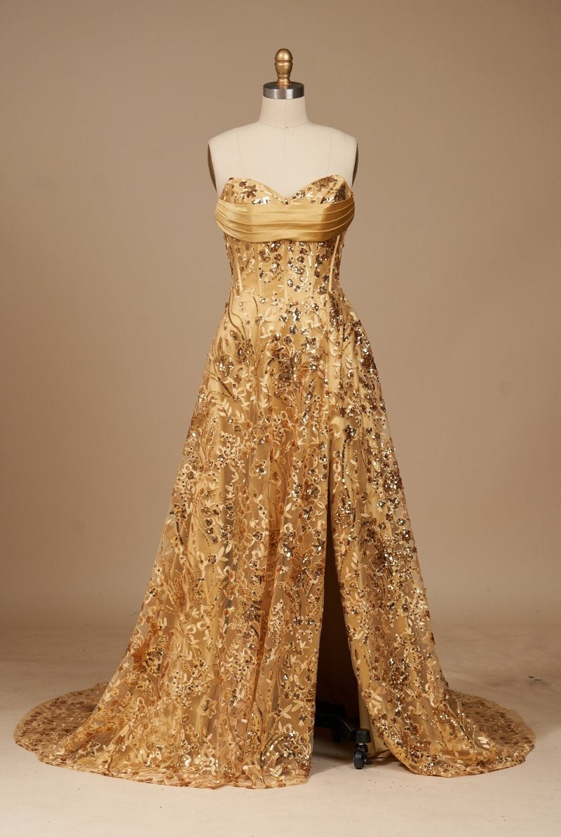 Coralyth | Gold - Strapless A Line Sequined Lace Formal Prom Dresses With Slit - KissProm