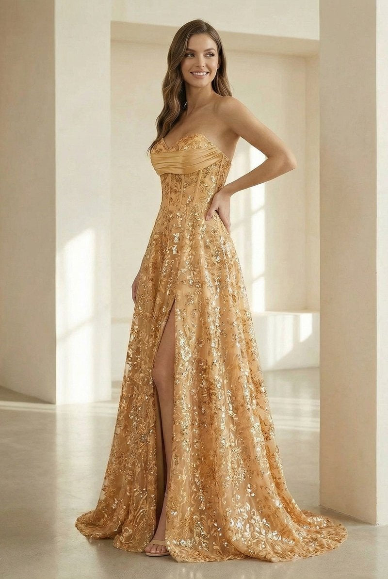 Coralyth | Gold - Strapless A Line Sequined Lace Formal Prom Dresses With Slit - KissProm