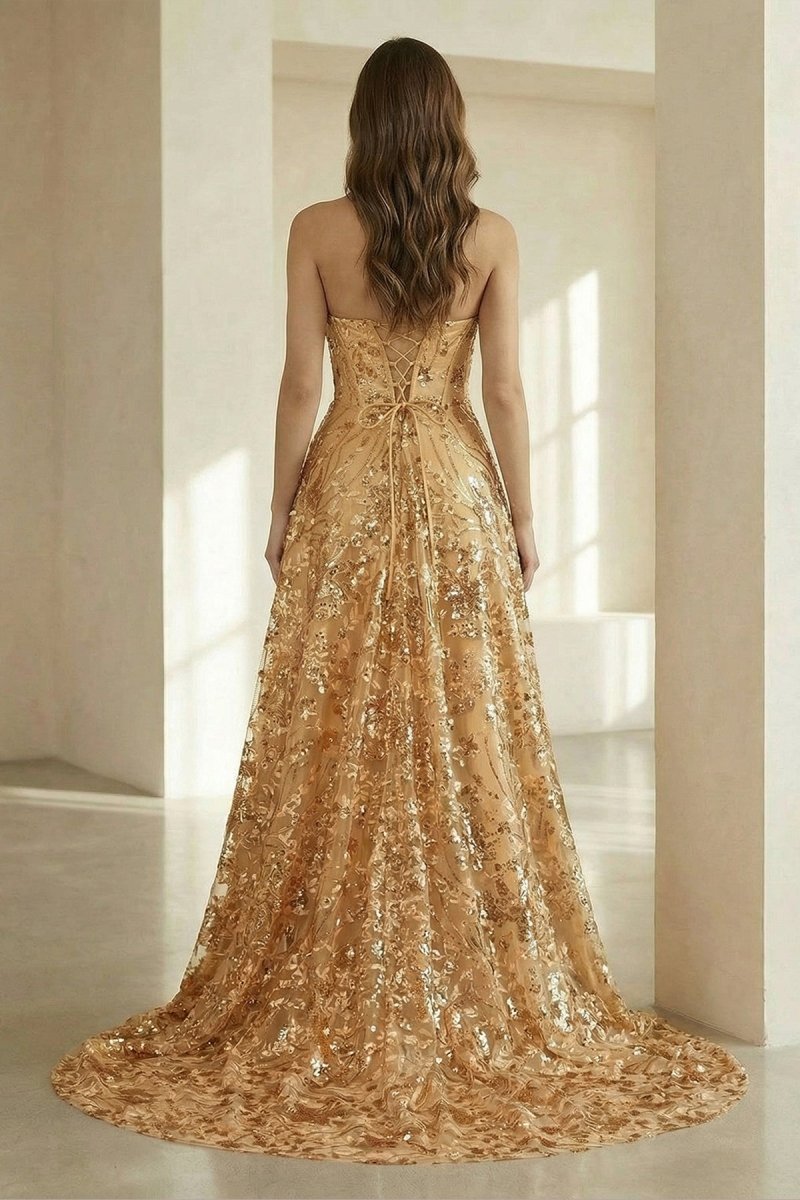 Coralyth | Gold - Strapless A Line Sequined Lace Formal Prom Dresses With Slit - KissProm