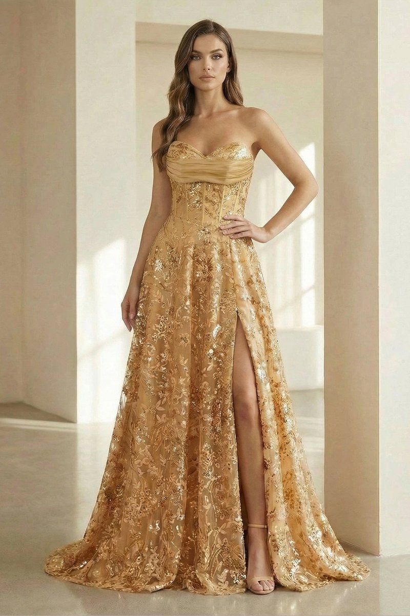 Coralyth | Gold - Strapless A Line Sequined Lace Formal Prom Dresses With Slit - KissProm