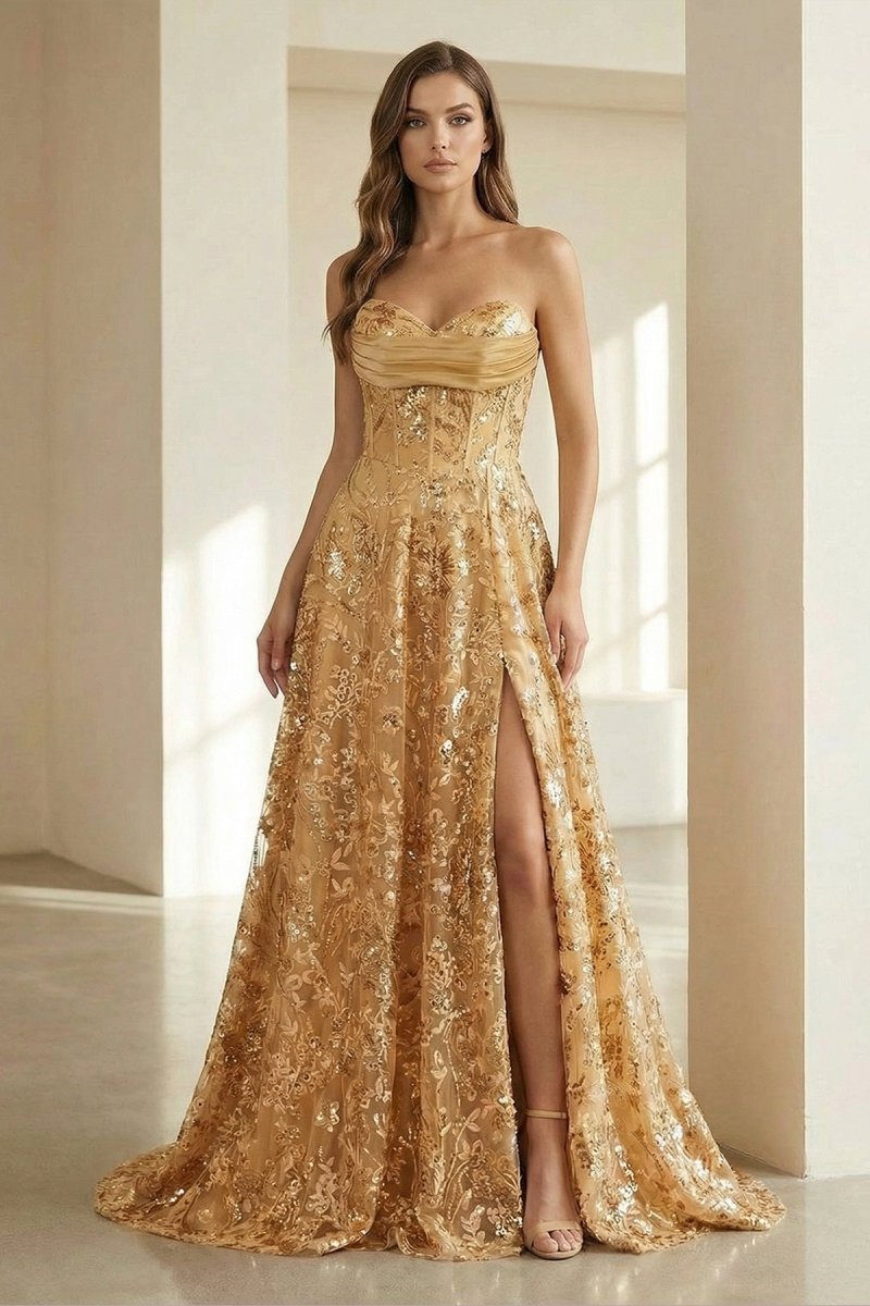 KissProm Gold Sweetheart A Line Sequined Lace Formal Prom Dresses With Slit, Golden / 16