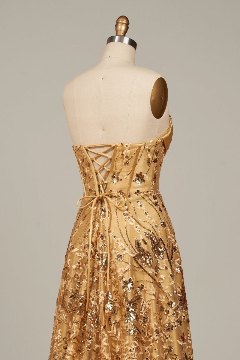 Coralyth | Gold - Strapless A Line Sequined Lace Formal Prom Dresses With Slit - KissProm