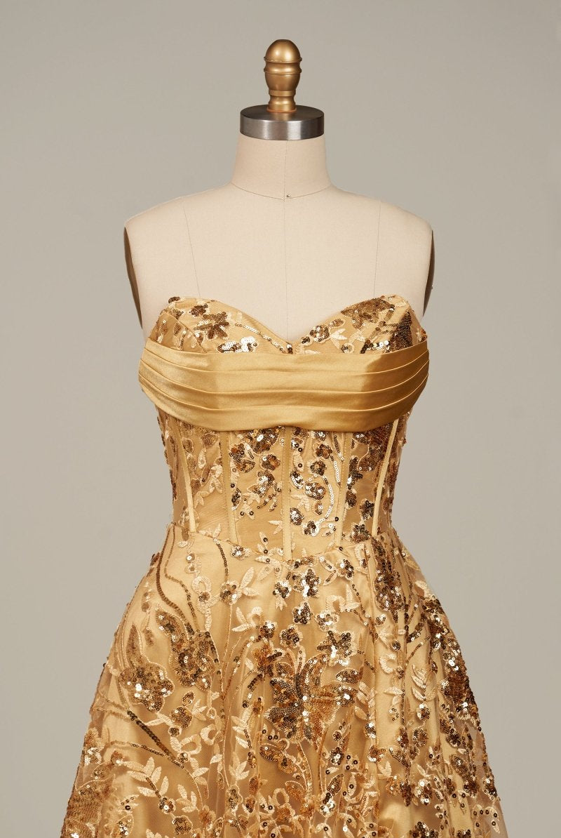 Coralyth | Gold - Strapless A Line Sequined Lace Formal Prom Dresses With Slit - KissProm