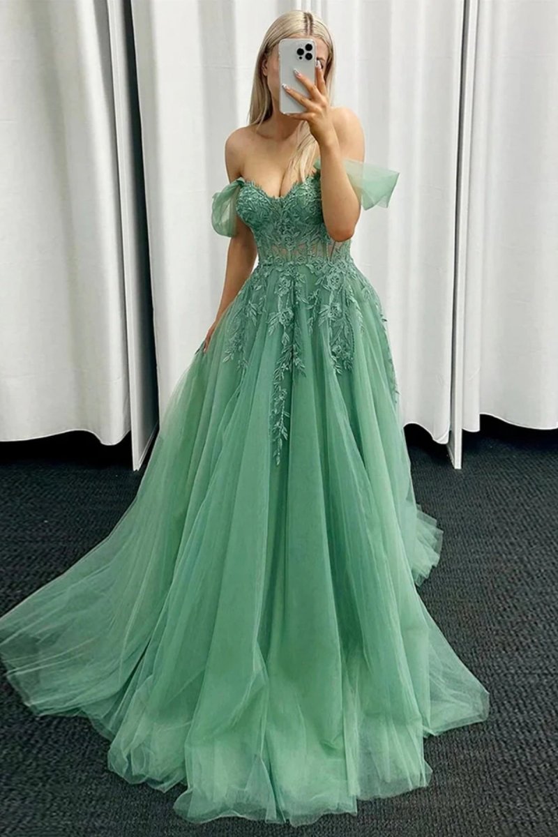 Off the Shoulder Mint Green Tulle Lace Prom Dresses with Appliques Off the Shoulder Mint Green Tulle Lace Prom Dresses with Appliques