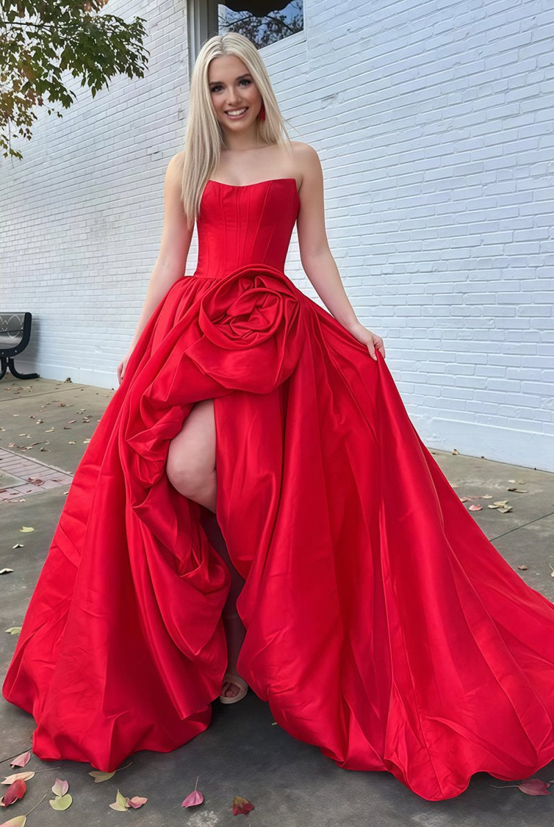 Corlina | Red - Scoop Neck A Line Satin Long Prom Dress With Floral - KissProm