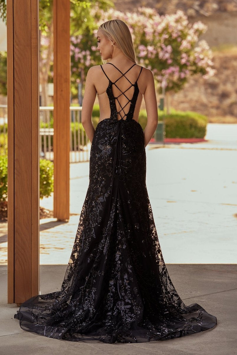 Cosmic | Black Lace Applique High Slit Criss Cross Back Mermaid Prom Dress