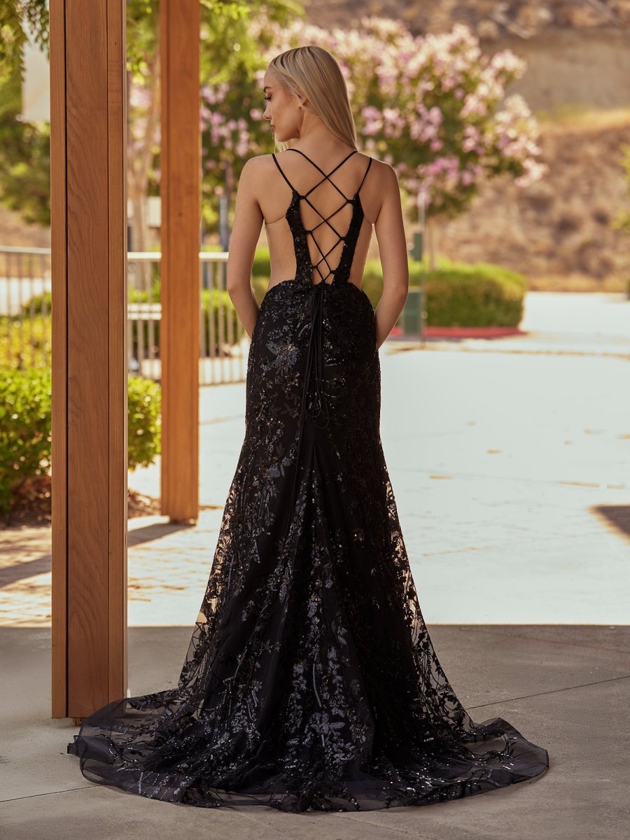 Cosmic | Black Lace Applique High Slit Criss Cross Back Mermaid Prom Dress