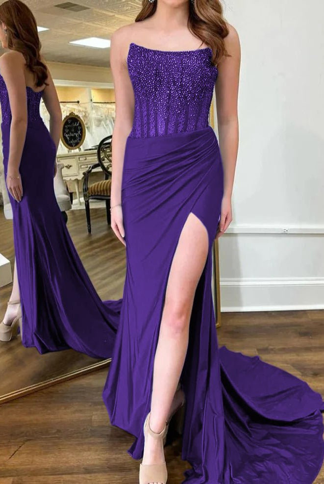 Cosmo | Mermaid Scoop Neck Blue Satin Long Prom Dresses