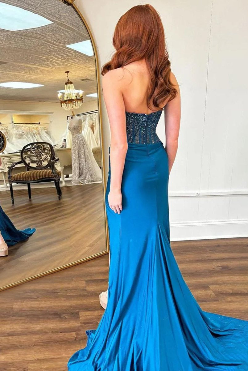 Cosmo | Mermaid Scoop Neck Blue Satin Long Prom Dresses