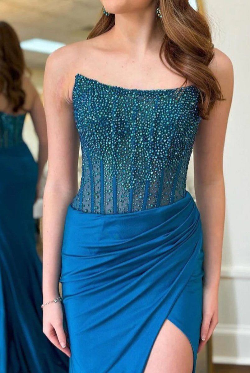 Cosmo | Mermaid Scoop Neck Blue Satin Long Prom Dresses