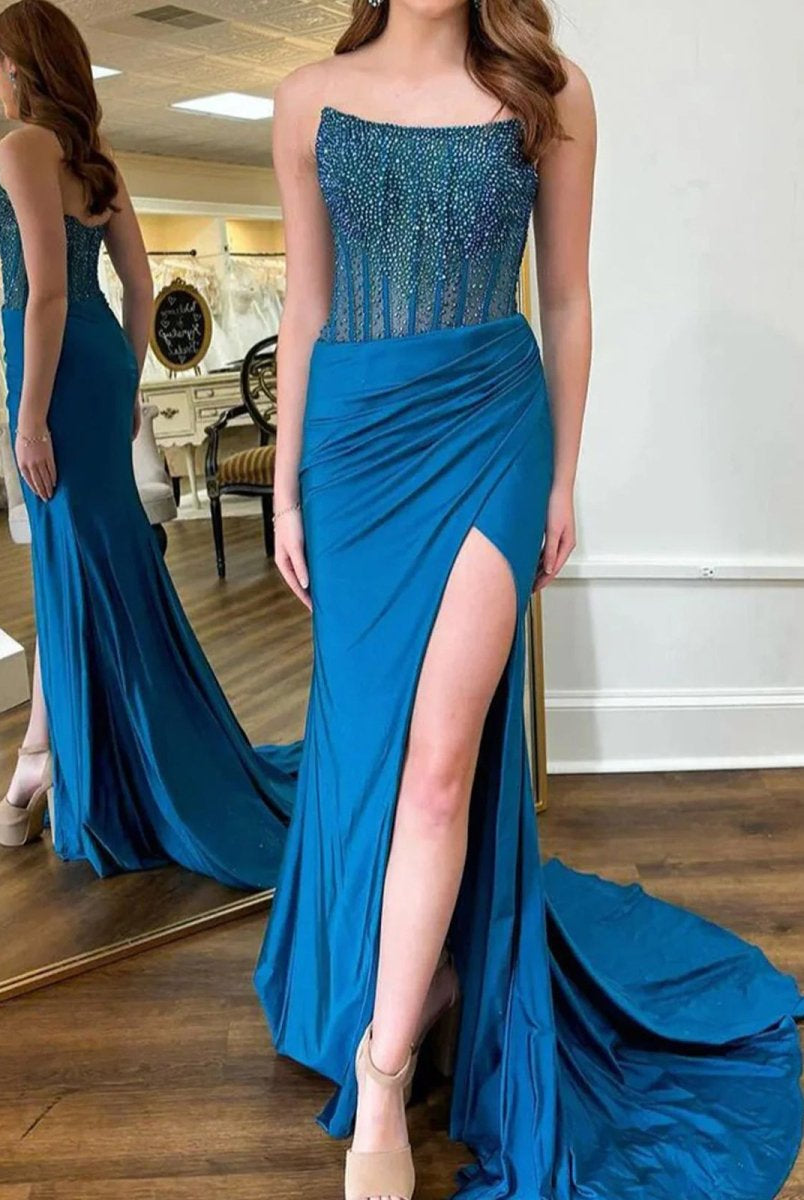 Cosmo | Mermaid Scoop Neck Blue Satin Long Prom Dresses