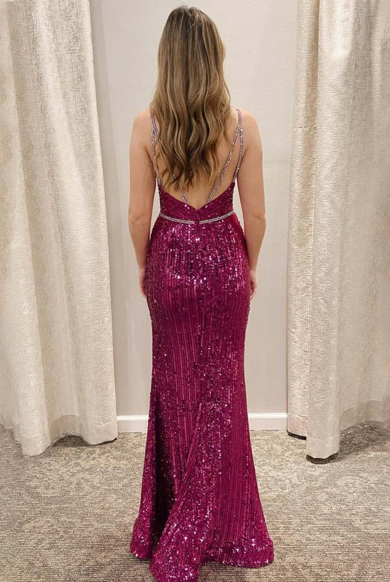 Covie | Mermaid V - Neck Spaghetti Straps Sequined Long Prom Dress with Slit - KissProm