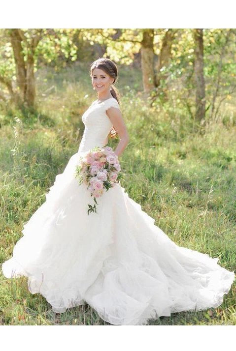 V-neck Ruffles Tiered Skirt A-line Lace Organza Wedding Dress with Cap Sleeves