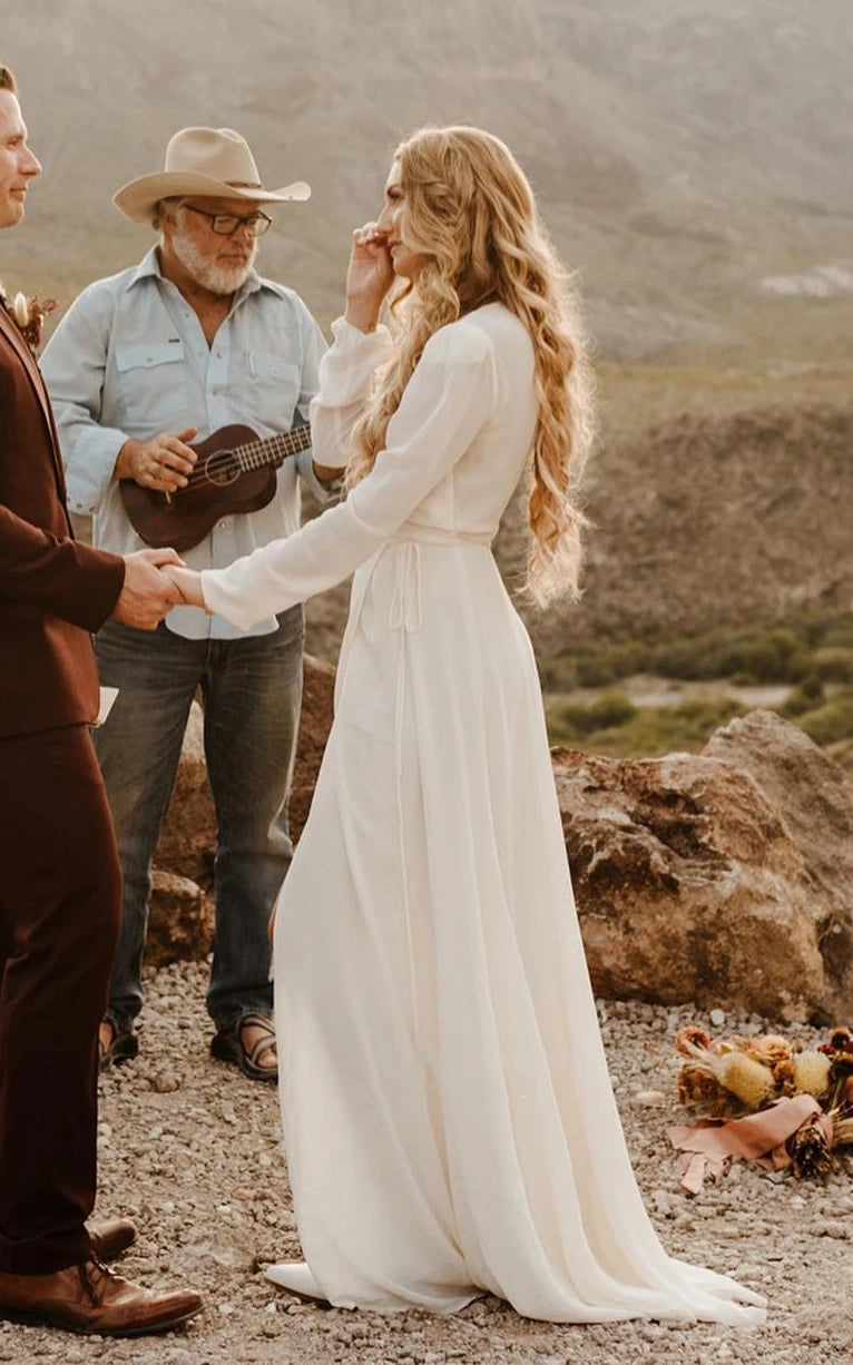 Leilani | A-Line Sleeved Chiffon Wedding Dress with Sweep Train and Slit