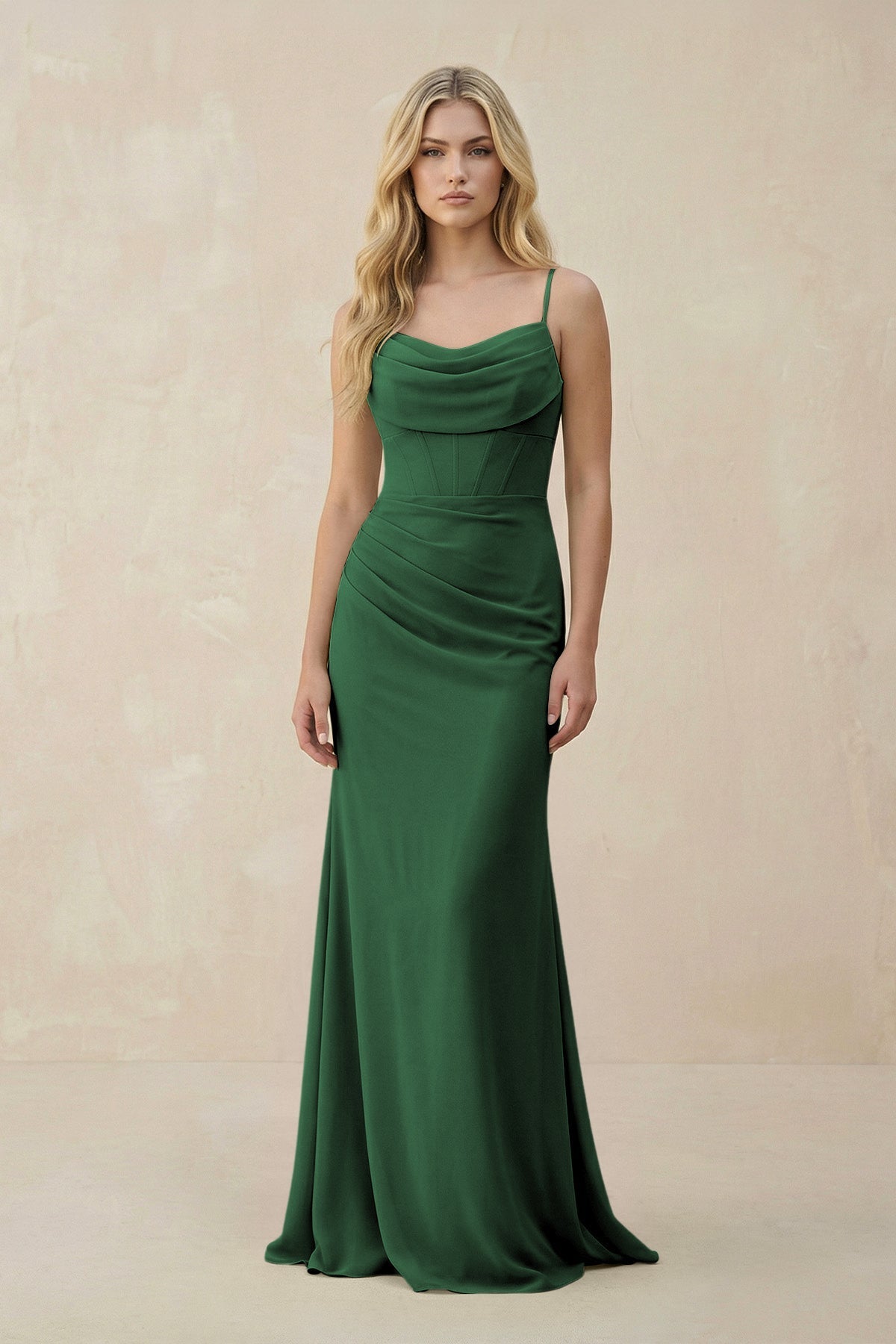 Cowl Neck Sheath Chiffon Bridesmaid Dress with Corset in Dark Green, Dark Green / 16