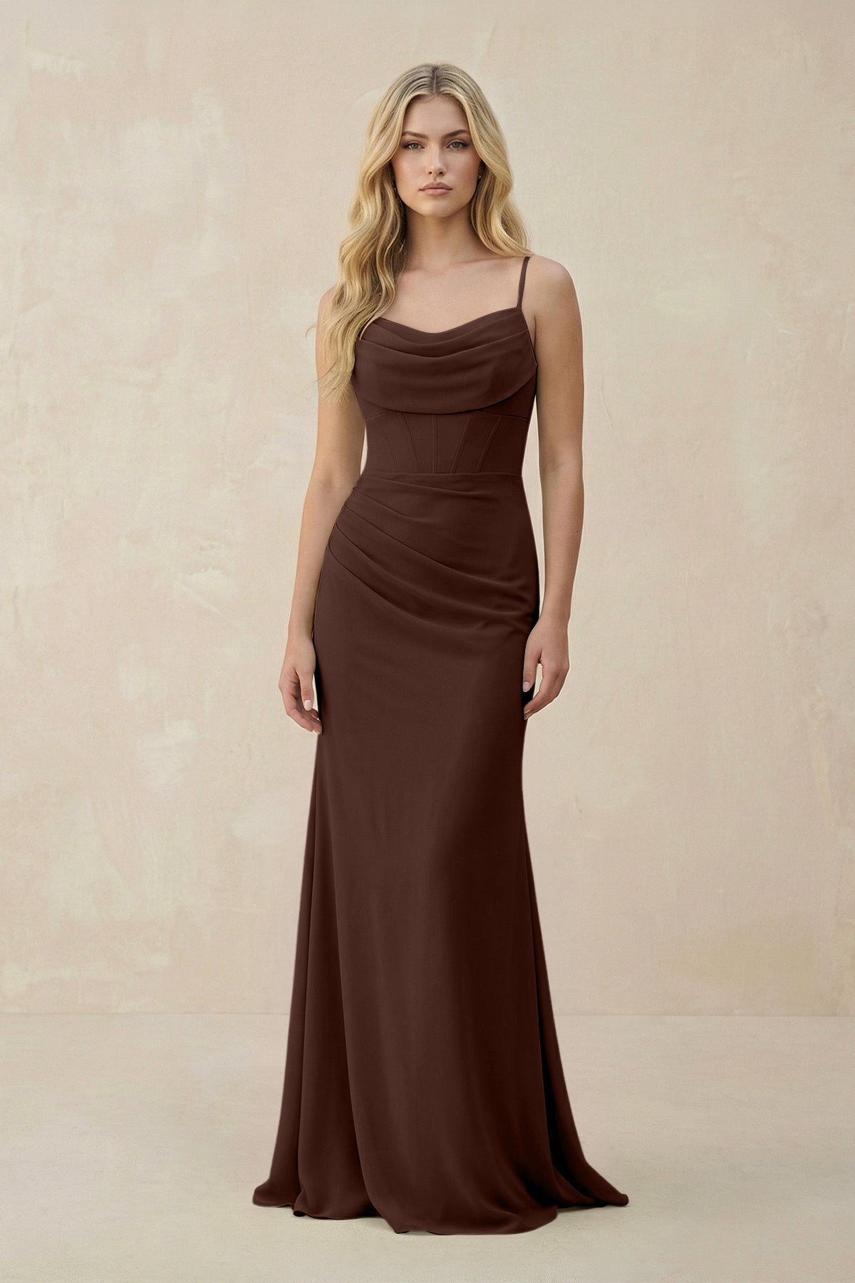 KissProm Cowl Neck Sheath Chiffon Bridesmaid Dress with Corset in Espresso, Espresso / 22