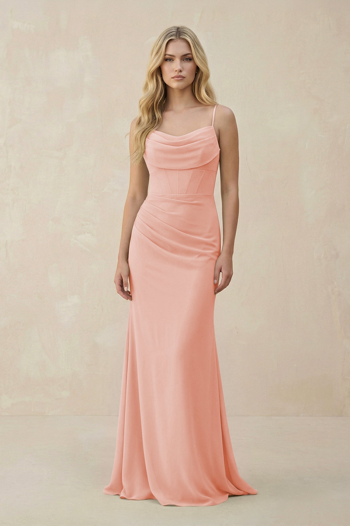 KissProm Cowl Neck Sheath Chiffon Bridesmaid Dress with Corset in Rose Petal, Rose Petal / 2