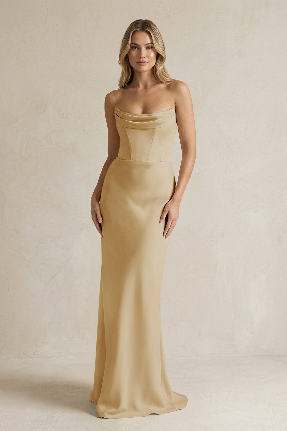 KissProm Cowl Neck Sheath Corset Bridesmaid Dress in Champagne, Champagne / 12
