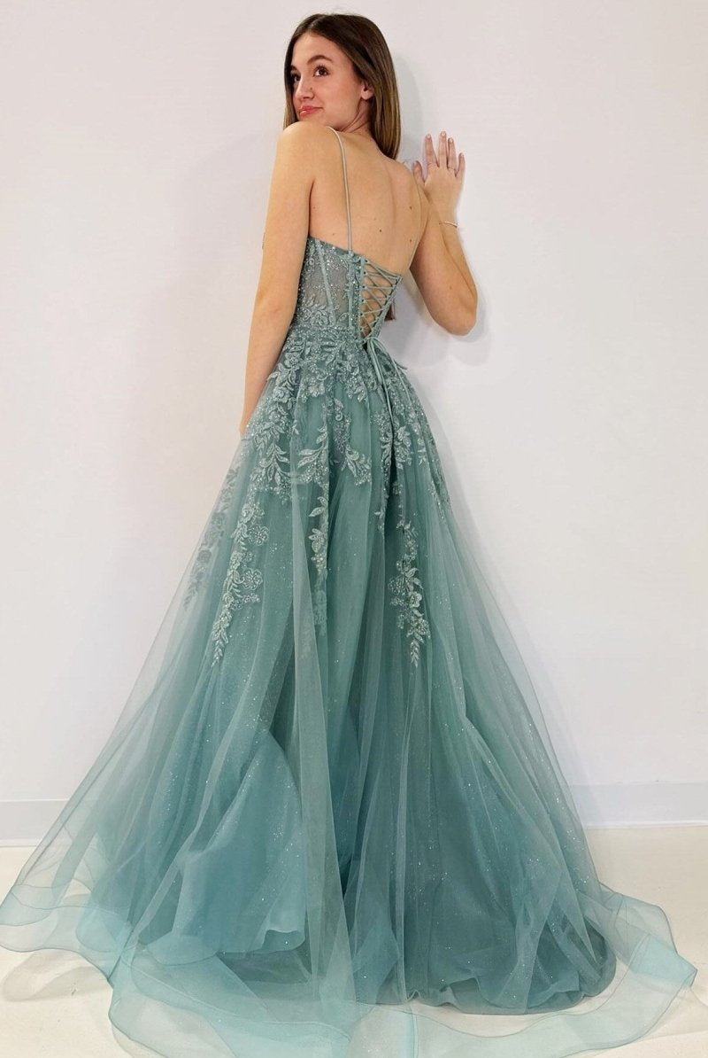 Cozy | Tulle Appliques Lace - Up A - Line Long Prom Dress - KissProm