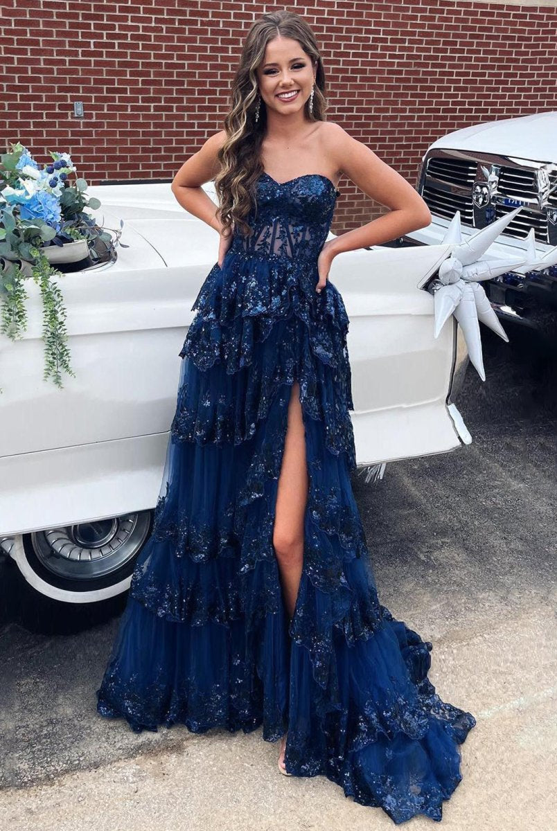 Cressie | Sweetheart Navy Blue Appliques A-line Ruffle Long Prom Dress