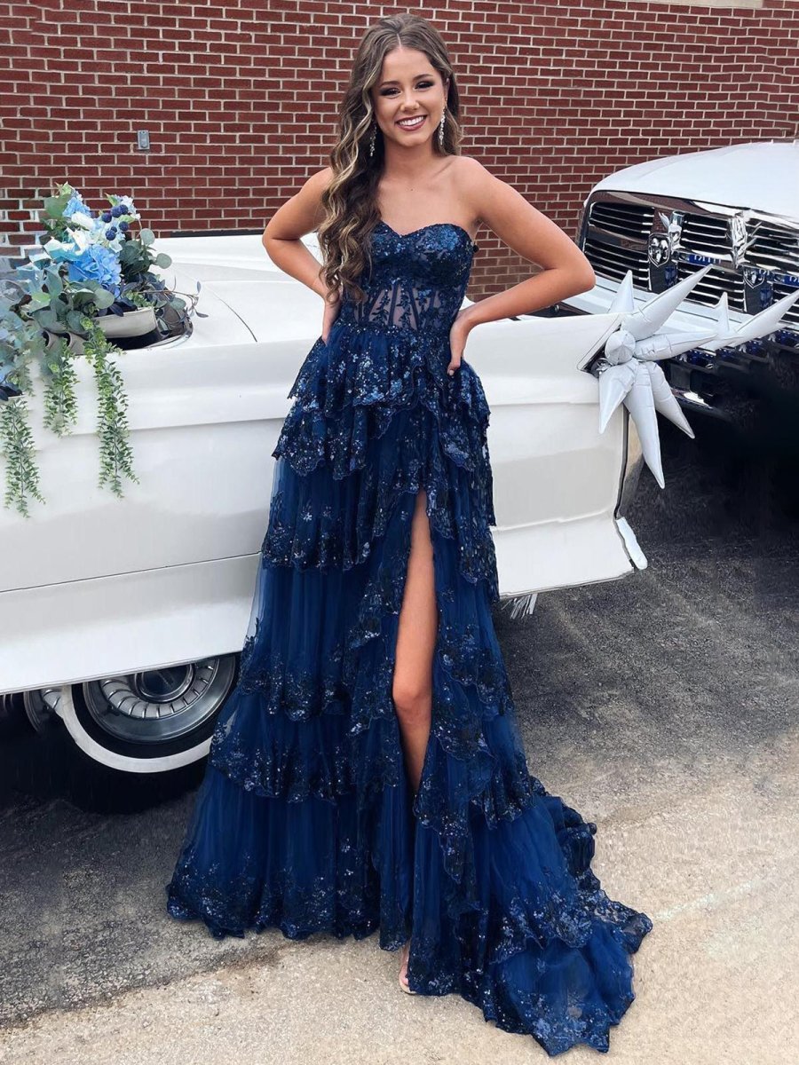 KissProm Sweetheart Navy Blue Appliques A-line Ruffle Long Prom Dress, Navy Blue / 2