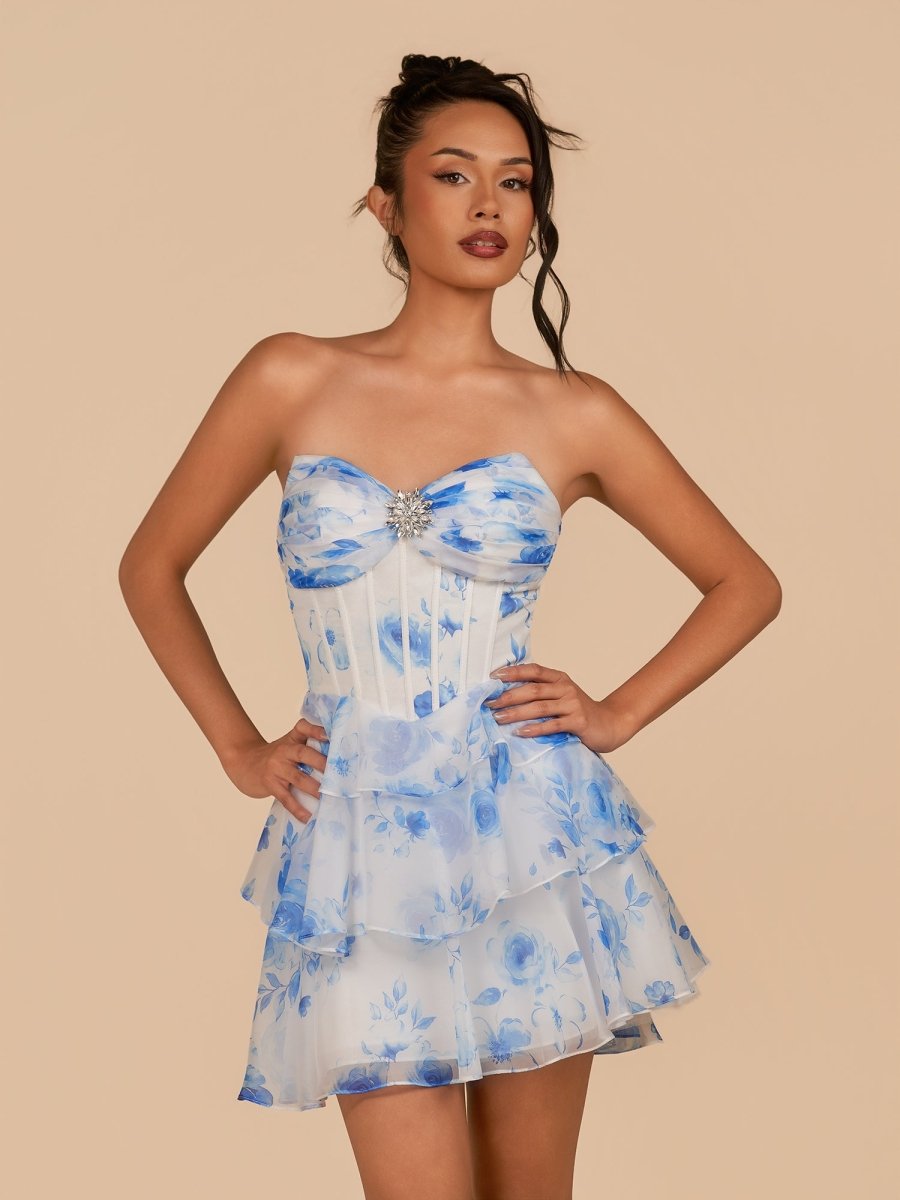 Crisa | Blue - A Line Strapless Floral Chiffon Homecoming Dress with Beads - KissProm
